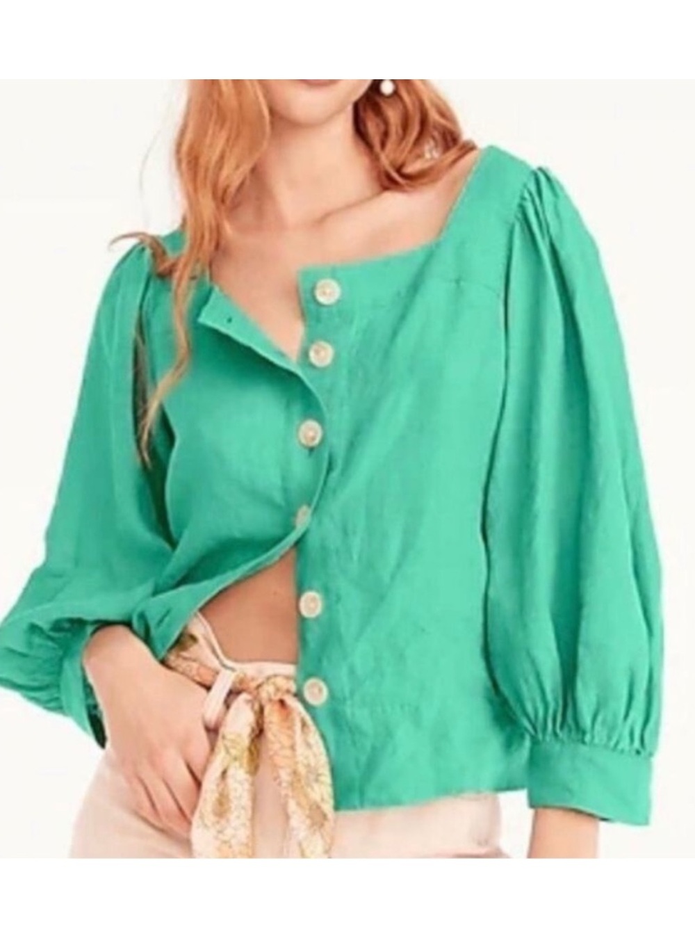 J. Crew Kelly Green Button-Front Puff Sleeve Linen Top XS